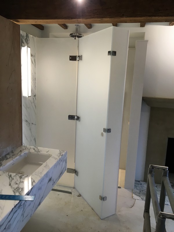 Bespoke frosted glass shower enclosure in Friern Barnet luxury bathroom